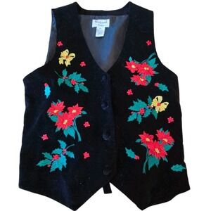 Christmas Vest‎ Westbound Size Petite Small Black Velvet Poinsettias #120